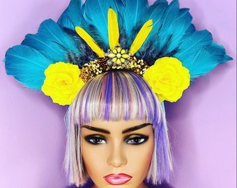 Blue Feather Carnival Festival Floral Head Dress Head Piece Jewel Yellow Flower Crown