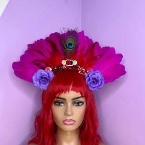 Pink Feather Carnival Festival Peacock Head Dress Head Piece Flower Crown