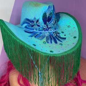 Cowgirl Hat floral motif rhinestone fringed statement hat green blue cowboy