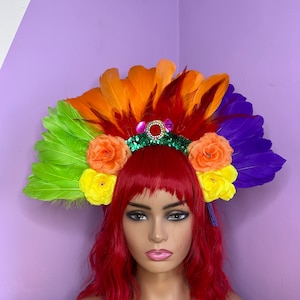 Pride Rainbow Feather Rio Festival Floral Head Dress Head Piece Flower Crown