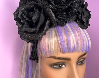 Black glitter Floral Crown Peacock Flower Headband