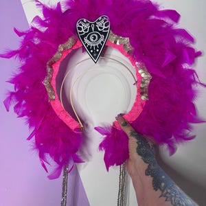 Head crown pink feather halo eye head dress headband statement  headpiece
