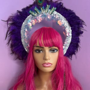 Head crown purple feather halo peacock eye head dress headband sequin headpiece