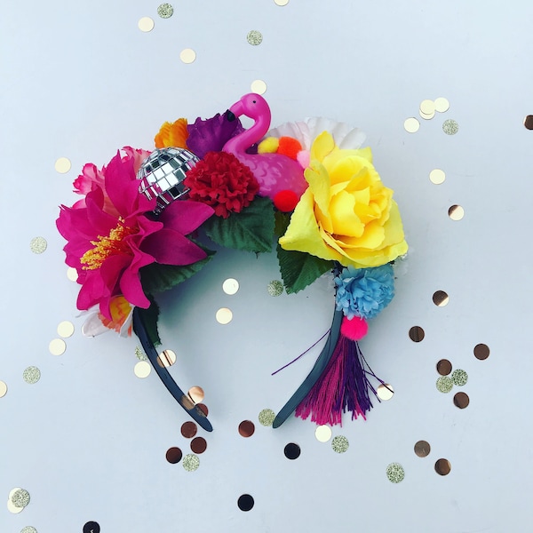 Flamingo Disco Ball Floral Flower Crown Festival Tropical Head Dress Hair Band MADE TO ORDER