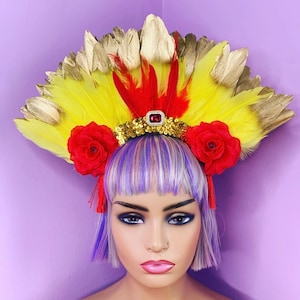 Feather Headpiece Yellow Gold Festival Sequin Head Dress Hairband Wrap Flower Crown