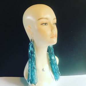 Mermaid Blue Tinsel Tassle Tassel Long Festival Festive Christmas Handmade Foil Earrings image 2