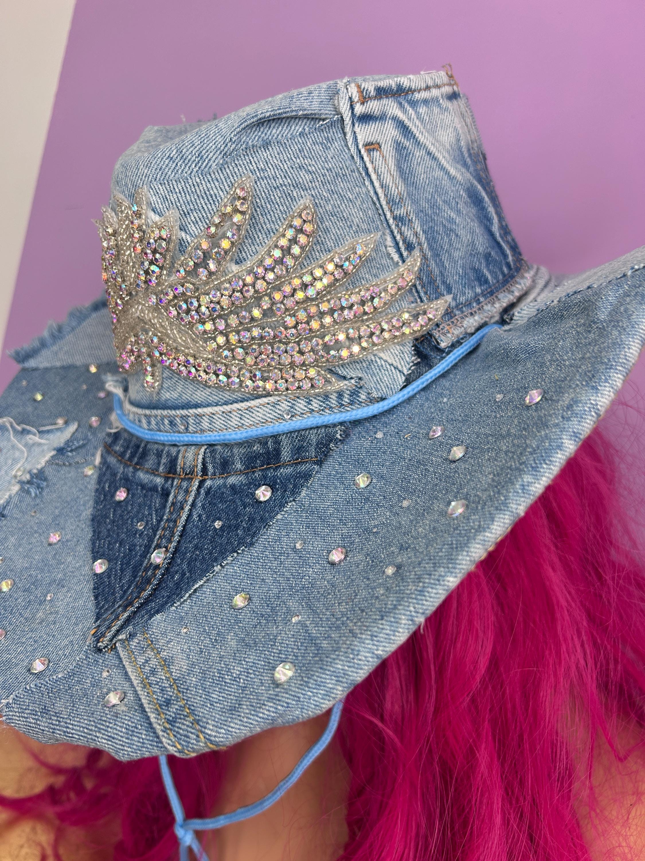 Denim Diamante Patchwork Reworked Blue Jean Cowgirl Cowboy 