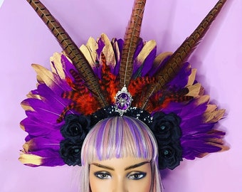 Gothic Purple and Gold Feather Crown Festival Head Dress Piece Flower Crown