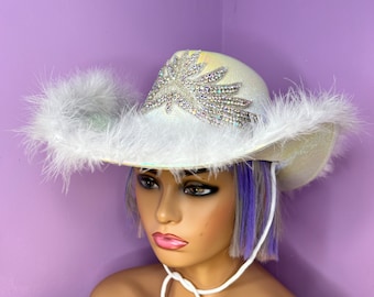 White embellished cowgirl fluffy cowboy hat festival party