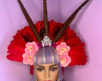 Valentine Headpiece Red pink feather floral head dress festival carnival crown