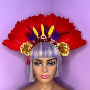 Red feather floral head dress festival head piece carnival crown