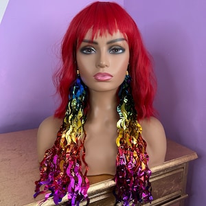 Rainbow Colourful Tinsel Tassle Tassel Long Festival Festive Handmade Foil Earrings