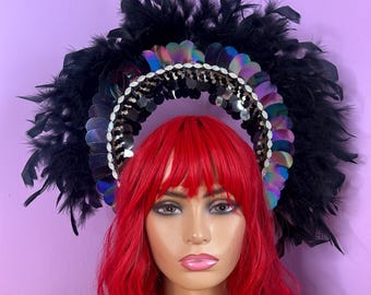 Gothic Black Head sequin crown feather halo head dress headband headpiece