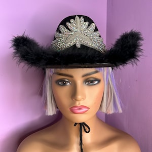 Black embellished cowgirl fluffy cowboy hat festival party image 1