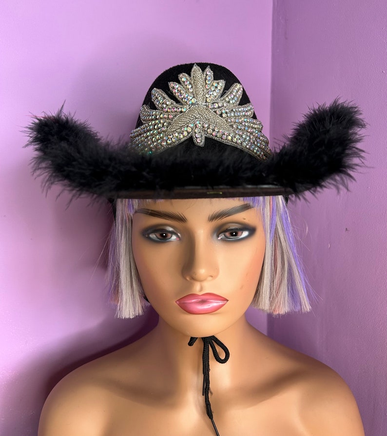 Black embellished cowgirl fluffy cowboy hat festival party image 1