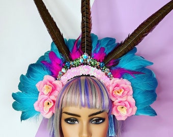 Blue Feather Carnival Festival Floral Head Dress Head Piece Jewel Pink Flower Crown