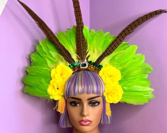 Lime Green Head Dress Feather Festival Headband Statement Head Piece yellow Flower Crown