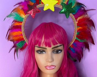 Rainbow feather halo star head dress headband statement Rasta headpiece