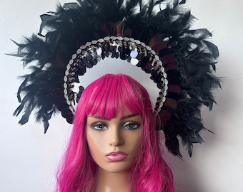 Black Halloween feather halo head dress headband statement sequin headpiece