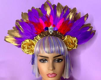 Purple and Gold Feather Crown Festival Head Dress Piece Carnival Hat