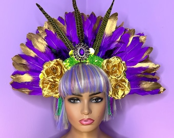 Purple and Gold Feather Crown Festival Head Dress Piece Flower Crown