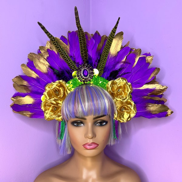 Couronne de plumes violettes et dorées Couronne de fleurs pour coiffure de festival