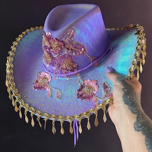 Purple floral sequin Cowboy Hat gold fringed and festival concert hat