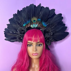Gothic black Feather Crown Festival peacock  Head Dress Piece Flower Crown