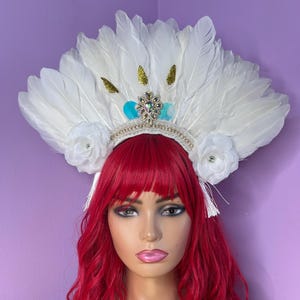White Feather Crown Festival Bride Pearl Rhinestone Head Dress Piece Wedding