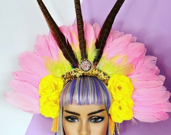 Pink Feather Carnival Festival Floral Head Dress Head Piece Yellow Flower Crown