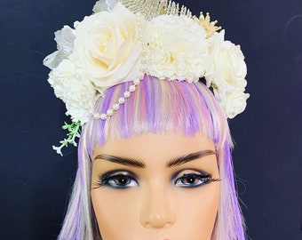 Wedding Bride Floral Flower Crown Silver Pearl Head Dress Hair Band