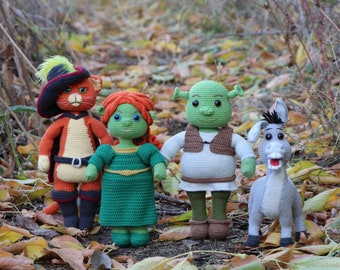 Crochet pattern green Ogre, green princess, donkey, cat in boots in ENGLISH PDF 4 in 1