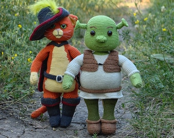 Cat in boots with green Ogre amigurumi pattern 2 in 1 Eng PDF, crochet cat with monster crochet pattern Eng