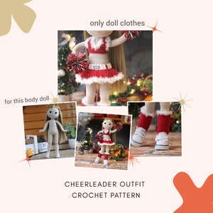 Puede incluir: Patrón de crochet para un atuendo de animadora para una muñeca. El atuendo es rojo y blanco con un pompón blanco. La muñeca lleva zapatillas blancas. "Cheerleader Outfit Crochet Pattern" está escrito en la imagen.