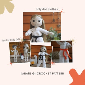 Może przedstawiać: Wzór na szydełku na strój karate gi dla lalki. Wzór jest na biały strój karate gi z czarnym paskiem. Obraz przedstawia trzy lalki w stroju w różnych pozach.