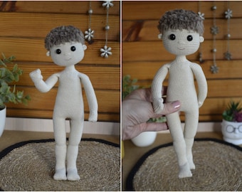 Cute crochet body boy doll amigurumi pattern, crochet boy with crochet hair pattern Eng PDF
