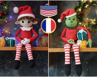 Patrón amigurumi duende navideño a crochet, patrón villano verde a crochet Eng Fr PDF 2 en 1