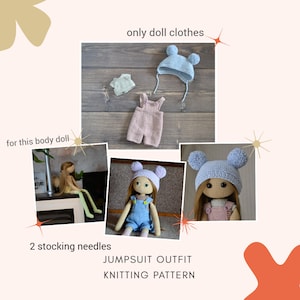 Op de afbeelding: Breipatroon voor een poppenjumpsuit-outfit. Het patroon bevat instructies voor een roze en een blauwe jumpsuit, evenals een bijpassende muts. Het patroon is voor gebruik met twee breinaalden.