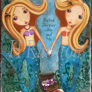 Mermaid Art - Kids Wall Art - Mermaid Print - Mermaid Decor - Sister Gift - Underwater Mermaid Sisters (blondes) - Print Sizes 8x10 and 5x7