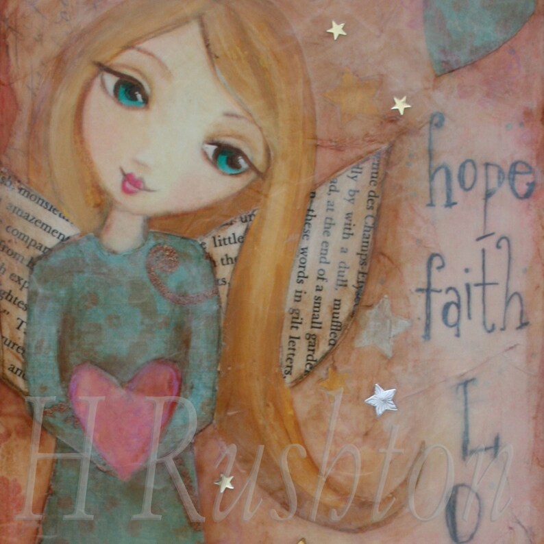 Hope Faith Love Angel Art Mixed Media Art Print Wall Art image 0