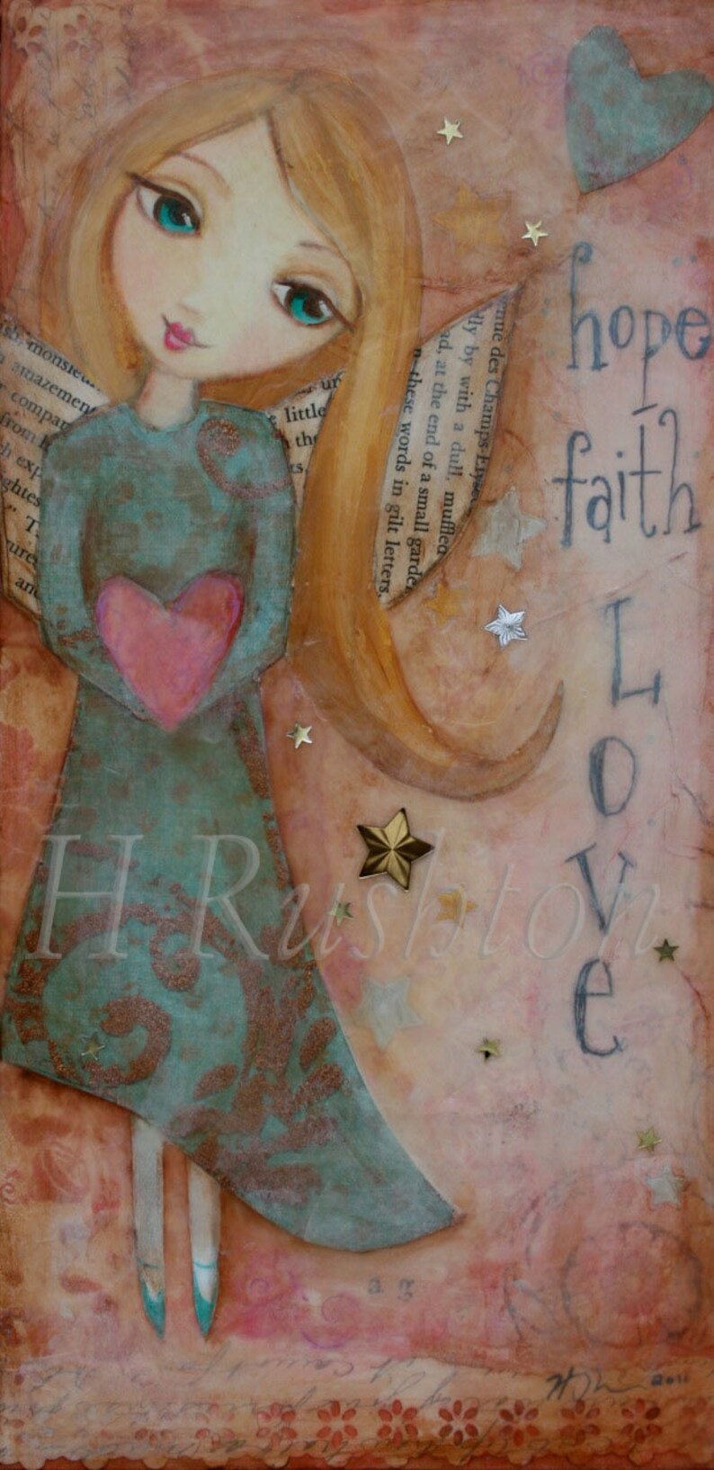 Hope Faith Love Angel Art Mixed Media Art Print Wall Art Etsy