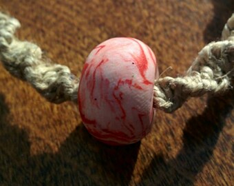 Natural Hemp Anklet with Red and White Polymer Clay Bead