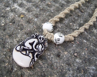 Extra Long Natural Hemp with Ceramic Beads and Monkey Pendant Unisex