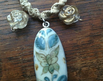 Natural Hemp Choker with Ceramic Pendant and Rose Beads