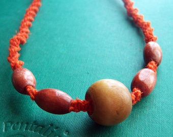 Orange Hemp Unisex Necklace with Wooden Beads