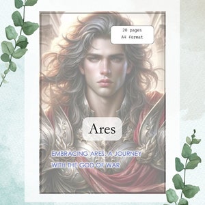 May include: A digital illustration of a man with long silver hair and blue eyes. He is wearing a red and gold armor. The text "Ares" is written in a white box above him. The text "Embracing Ares: A Journey with the God of War" is written below him. The text "20 pages A4 format" is written in a white box in the upper right corner.