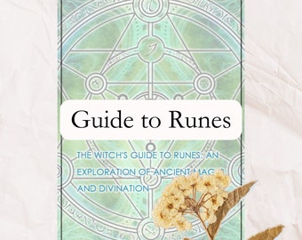 Könnte beinhalten: Ein Buchcover mit dem Titel "Guide to Runes" und einem geometrischen Design in Türkis und Grün. Der Text "THE WITCH'S GUIDE TO RUNES: AN EXPLORATION OF ANCIENT MAG AND DIVINATION" ist ebenfalls sichtbar. Eine getrocknete Blume und zerrissenes Papier befinden sich im Vordergrund.