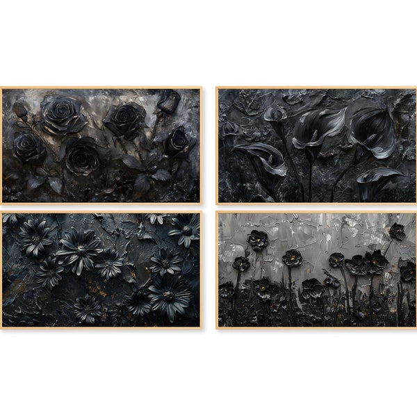 Frame TV Art | Dark Textured Flowers Painting Set of 4 Download for TV| Dark Academia | Funeral Flowers | Rose Lily Daisy Daffodil