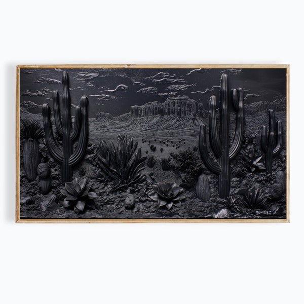 Frame TV Art | Desert Night Cactus Tv Art Painting | Dark Toned Black Gray Textured Western Art for Tv | Southwestern Desert Dark Moody