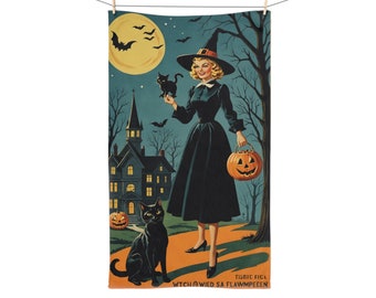 Essuie-mains d'Halloween vintage vibe chat noir et sorcière - ambiance rétro vintage des années 1950 - essuie-tout décoratif d'Halloween ou torchon de cuisine